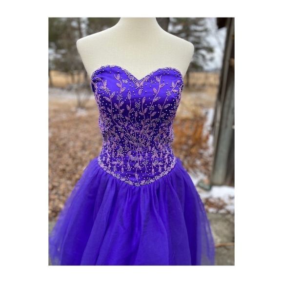 1980s Prom Dress Sweetheart Neck Beaded Bodice Tulle Layered Skirt Fit & Flare - Picture 11 of 14
